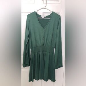Birch and Stone Forest Green Long Sleeve Mini Dress Flowy Sleeves Gathered Waist